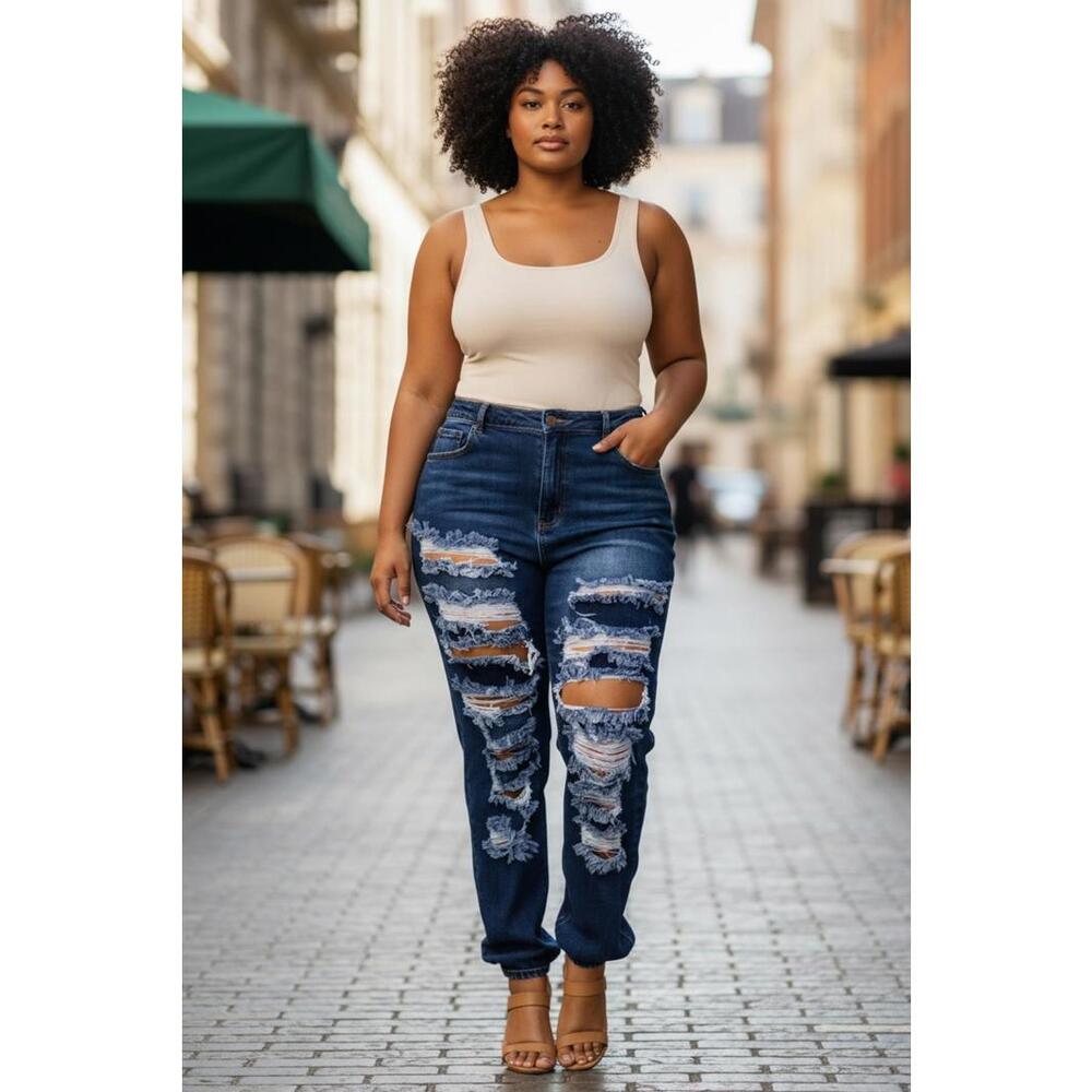 American Bazi Dark Blue Distressed Ripped Jeans with Elastic Cuffs